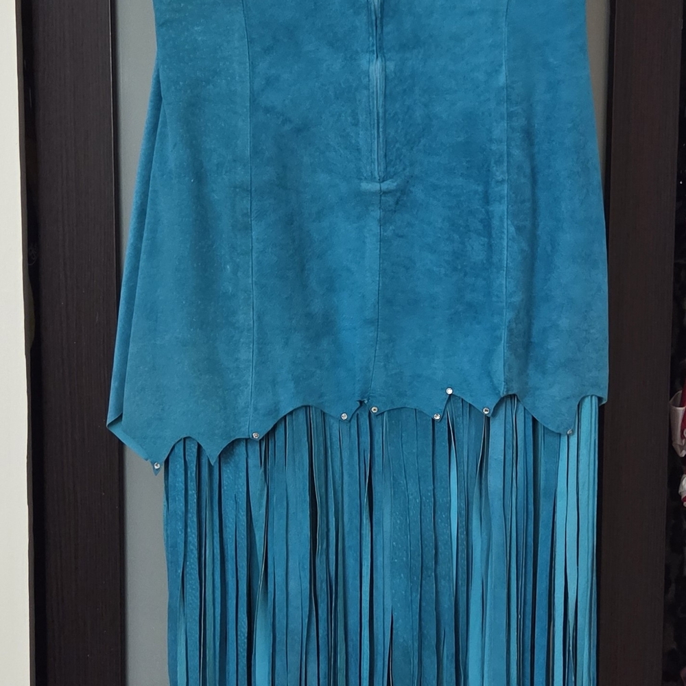 Chic Asymmetrical Teal Fringe Dress - Picture 7 of 9